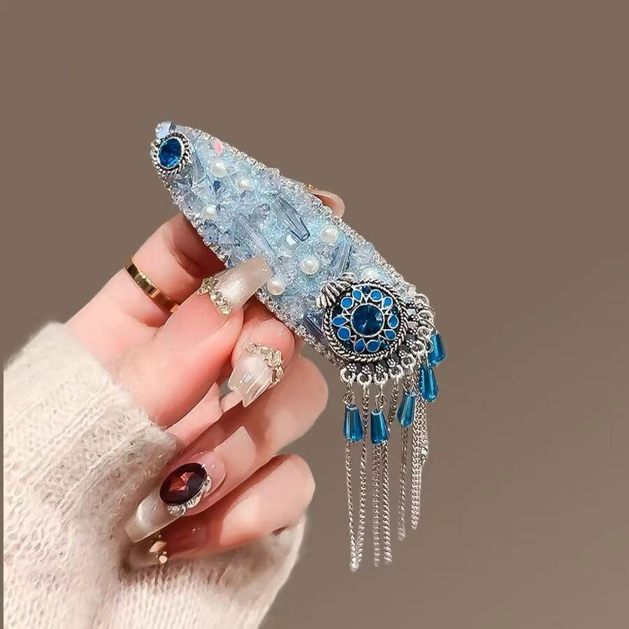 丨一折专区丨品牌撤柜丨蒙古民族风宝石蓝色闪钻珍珠前额流苏边夹