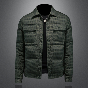 欧洲站潮流冬季新款男士羽绒服修身翻领格子90绒白鸭绒外套秀禾服