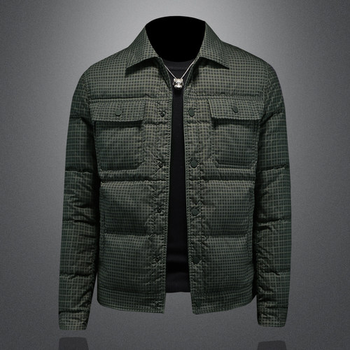 欧洲站潮流冬季新款男士羽绒服修身翻领格子90绒白鸭绒外套秀禾服