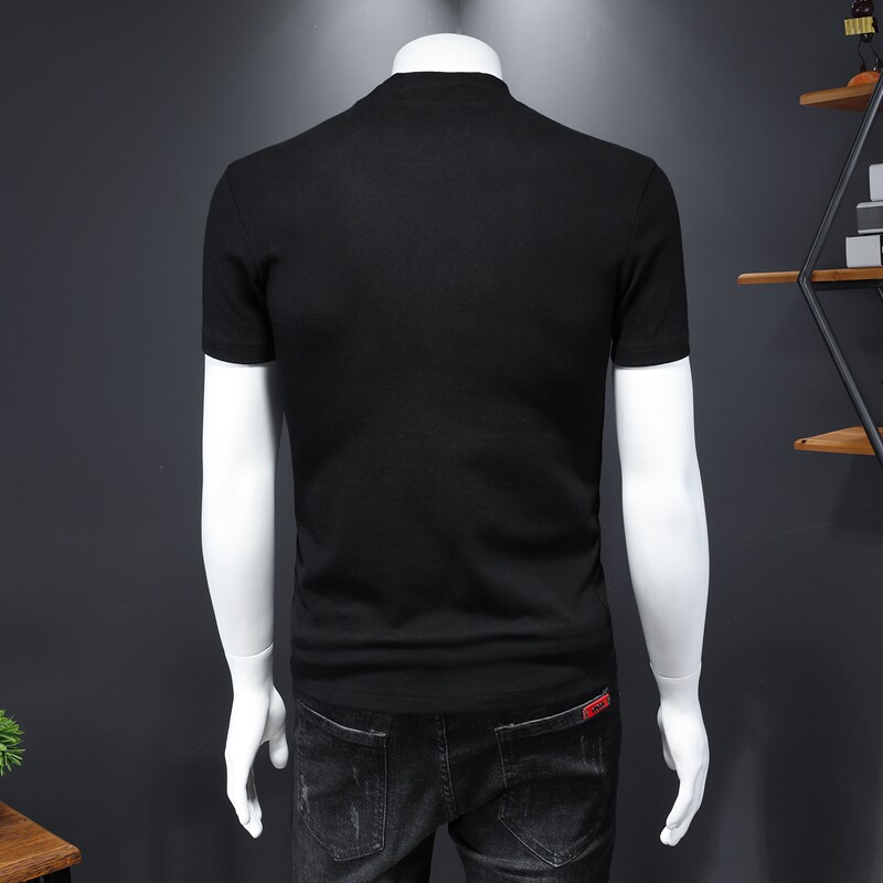 2021 남성용 하프 터틀넥 반팔 티셔츠 잘 생긴 트렌디 브랜드 꿀벌 스팽글 바닥 셔츠 두꺼운면 미드 칼라 티셔츠