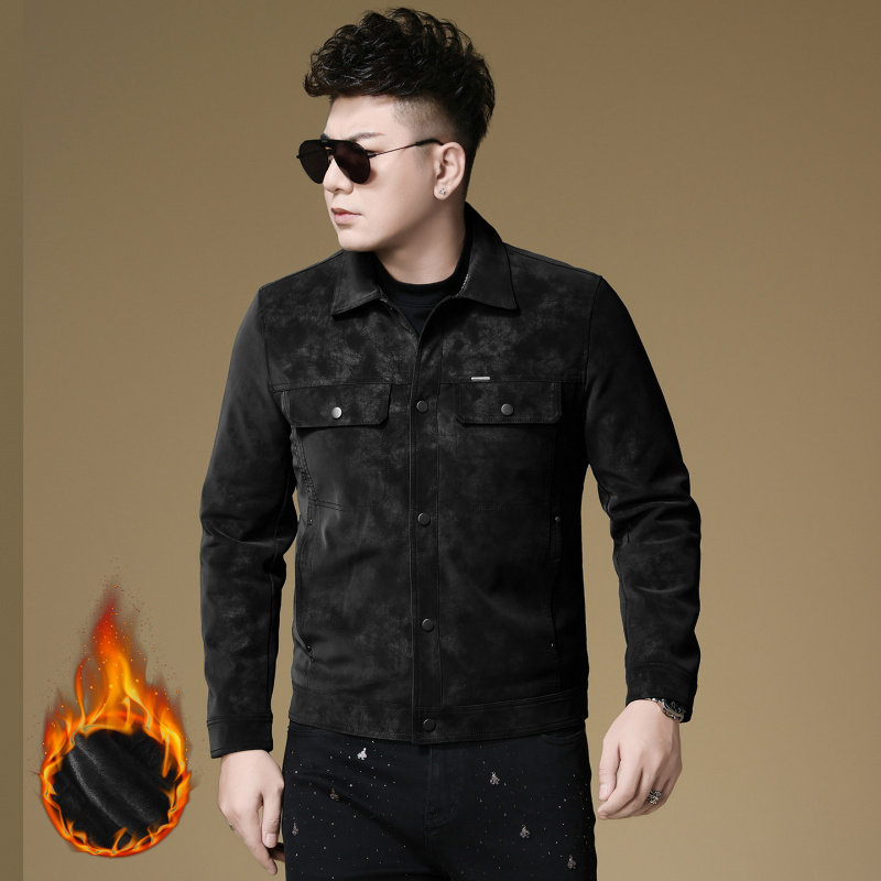 欧洲站高端个性百搭2025冬季新款男青年翻领鹿皮绒加绒夹克外套