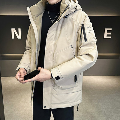 欧洲站2025冬季男款修身工装印花中长款羽绒服男士保暖加厚连帽