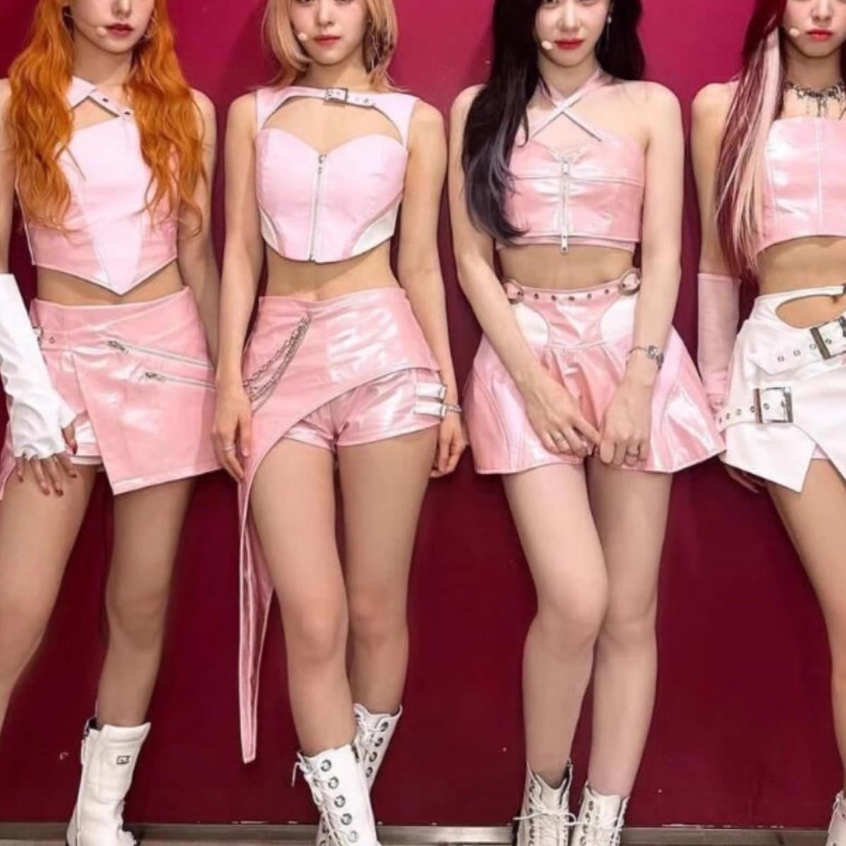 itzy女团同款粉色演出服申有娜包臀抹胸酒吧dj性感爵士舞打歌服