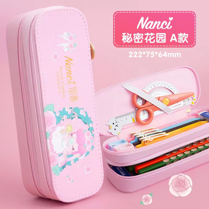 남성과 여성 초등 및 중등 학생을위한 CHENGUANG 연필 가방 대용량 다기능 단순 더블 레이어 캔버스 가방 편지지 2 레이어 연필 상자