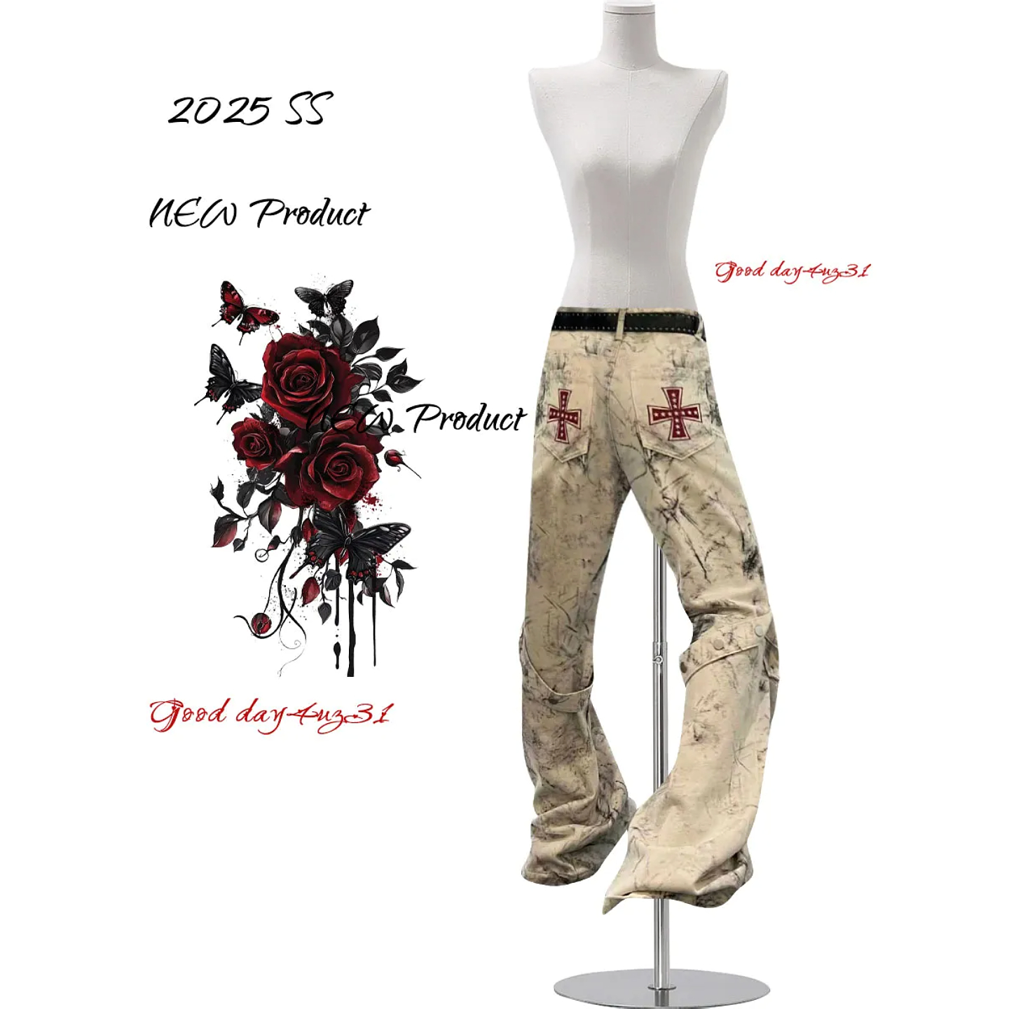 大码美式复古十字架印花牛仔裤