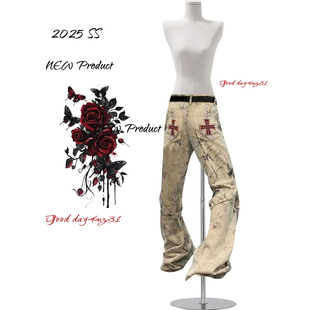 女秋季 复古十字架印花微喇牛仔裤 新款 街头个性 大码 做旧喇叭裤 美式