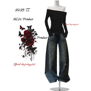 饰牛仔裤 复古做旧珍珠装 女秋冬季 新款 大码 街头穿搭设计感长裤 美式