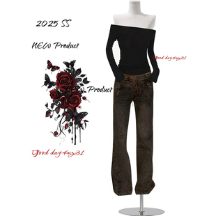 美式 街头绑带长裤 复古做旧双腰头拼接微喇牛仔裤 新款 女秋冬季 大码