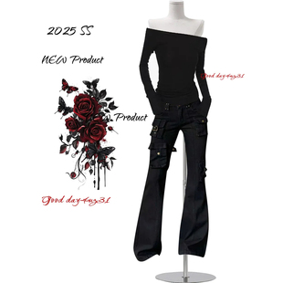 女秋冬季 复古多口袋微喇牛仔裤 新款 街头铆钉设计工装 大码 长裤 美式