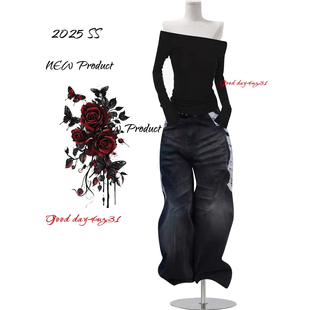 美式 街头宽松阔腿裤 复古水洗做旧蕾丝拼接牛仔裤 新款 女秋冬季 大码