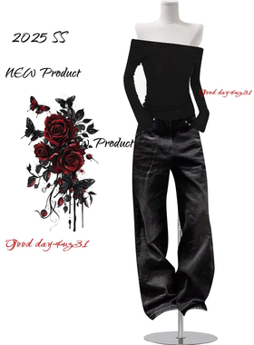 大码美式复古街头风黑色阔腿牛仔裤女春季新款高街显瘦设计感长裤