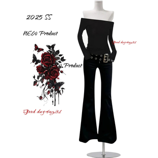 美式 街头设计感喇叭长裤 复古黑色弹力微喇牛仔裤 新款 女秋冬季 大码