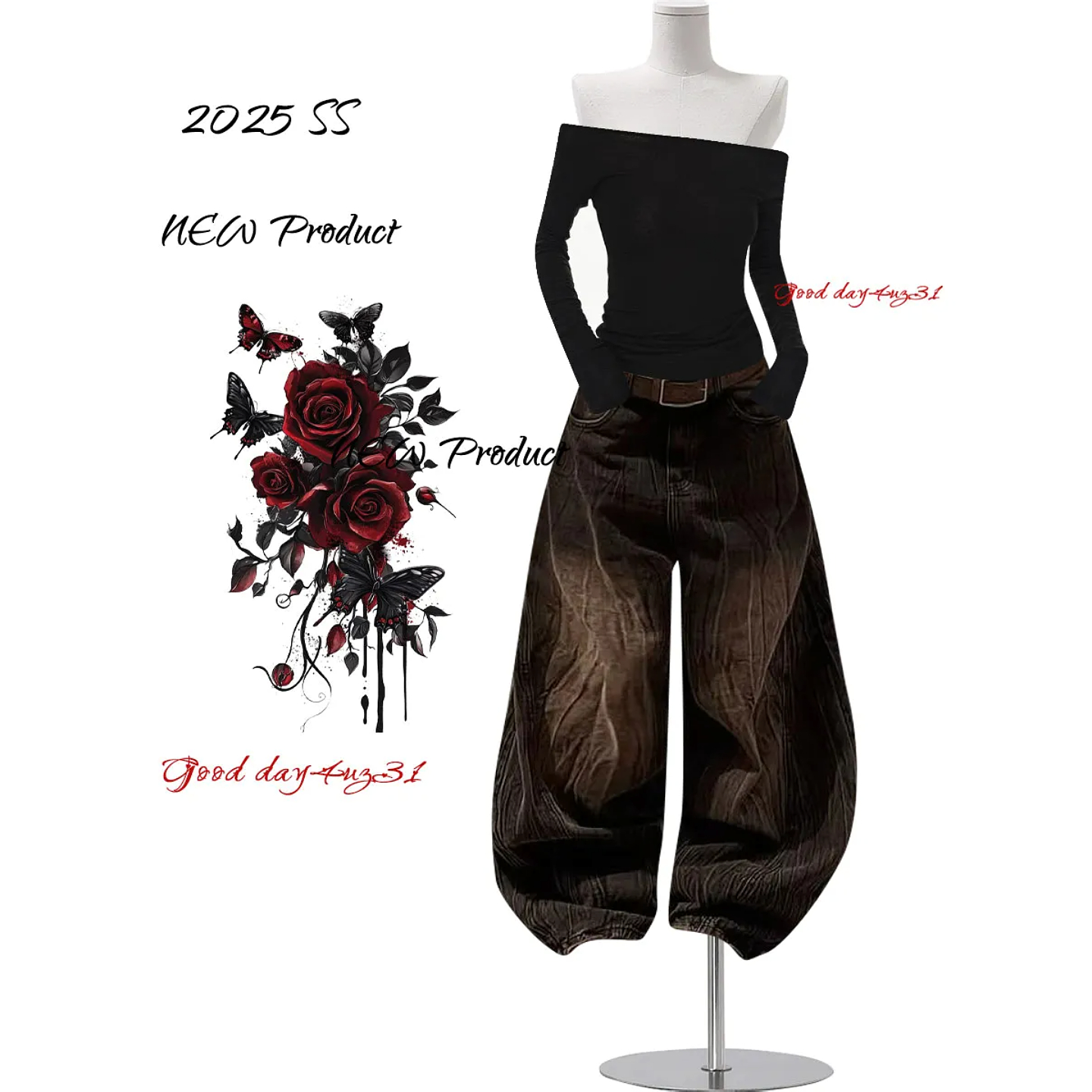 大码美式复古做旧闪电纹牛仔裤