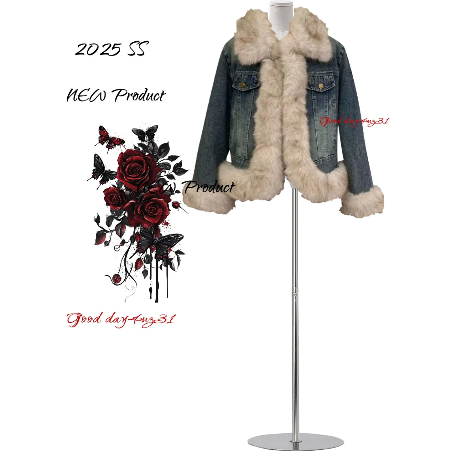 大码美式复古毛绒拼接牛仔外套