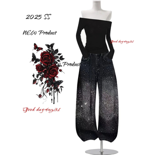 美式 街头设计感休闲长裤 复古水洗烫钻阔腿牛仔裤 新款 女秋冬季 大码