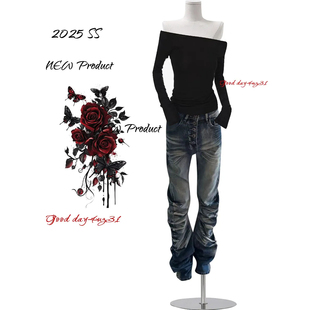 美式 街头风压褶设计长裤 复古猫须排扣微喇牛仔裤 新款 女秋冬季 大码