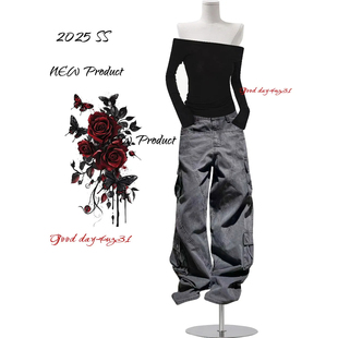 美式 街头解构设计感阔腿长裤 复古口袋拼接牛仔裤 新款 女秋冬季 大码