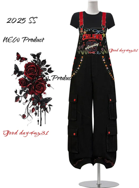 大码美式复古刺绣花朵牛仔背带裤女2026新款宽松设计感工装连体裤