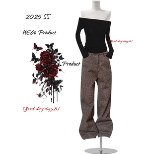 美式 街头阔腿长裤 复古水洗豹纹腰围可调节牛仔裤 新款 女秋冬季 大码