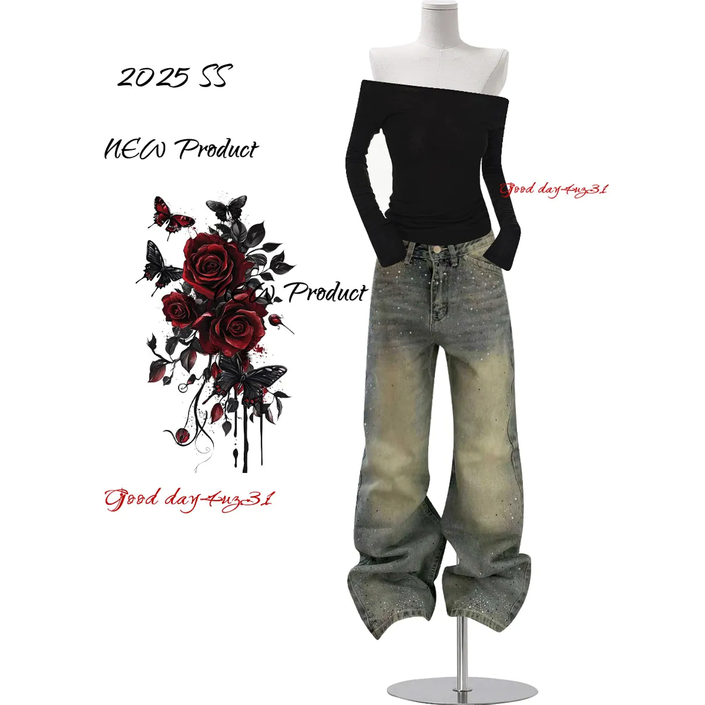 大码美式复古做旧烫钻牛仔裤