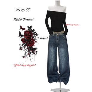 女秋冬季 复古豹纹腰头拼接牛仔裤 新款 街头个性 大码 显瘦阔腿裤 美式