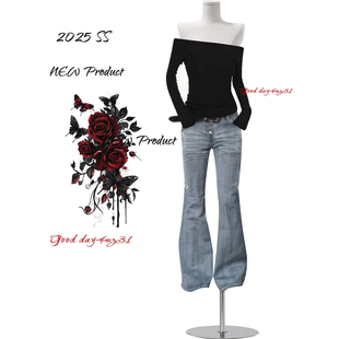 美式 街头显瘦喇叭长裤 复古水洗做旧刺绣微喇牛仔裤 新款 女秋季 大码