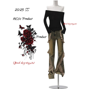 女秋季 复古做旧丝带拼接微喇牛仔裤 新款 街头个性 大码 喇叭长裤 美式