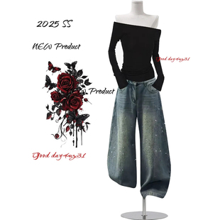 美式 街头设计感宽松弯刀裤 复古水洗烫钻牛仔裤 新款 潮 女秋冬季 大码