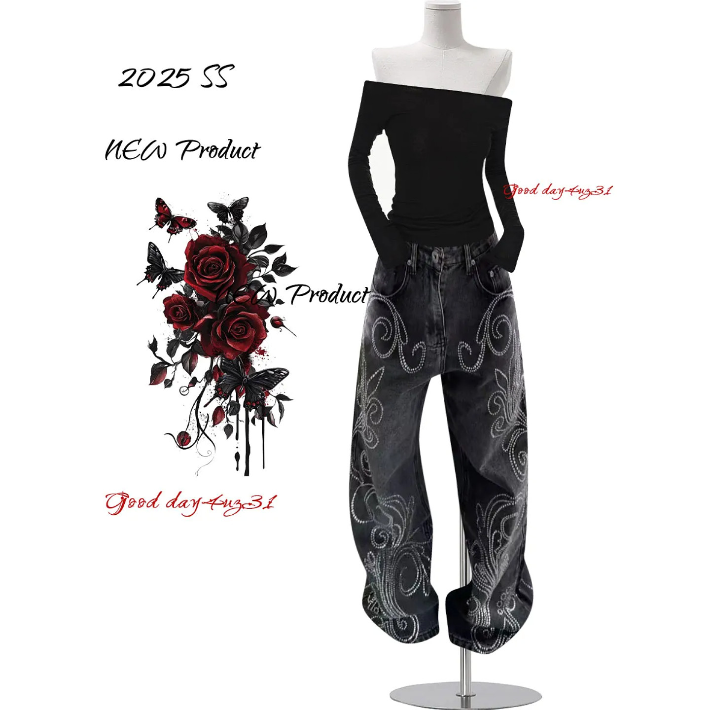 大码美式复古水洗烫钻装饰牛仔裤女2026新款街头花纹设计感长裤潮,女装/女士精品,大码裤装,淘宝优惠券,粉丝福利购,淘宝优惠卷