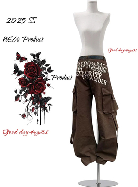 大码美式复古多口袋工装牛仔裤女秋季新款街头个性字母印花阔腿裤