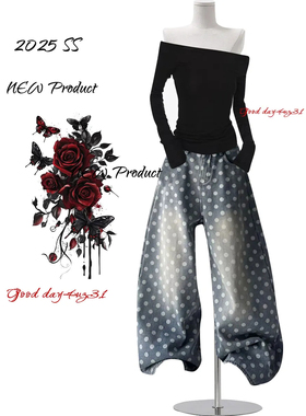 大码美式复古做旧波点设计感牛仔裤女春季新款街头慵懒风弯刀长裤