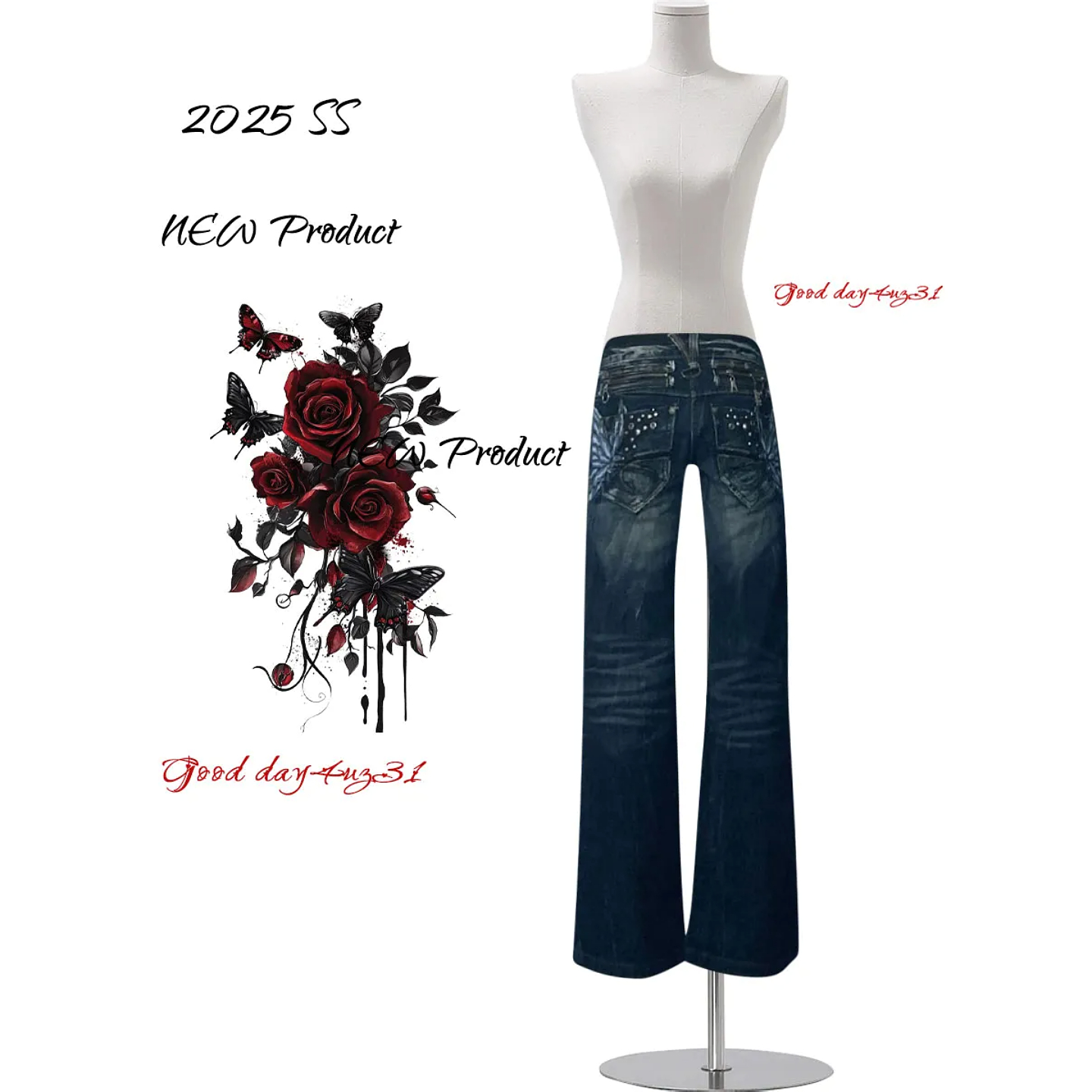 大码美式复古蝴蝶刺绣牛仔裤