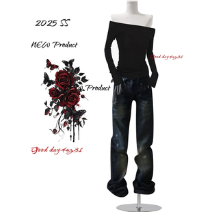 美式 街头低腰设计感直筒长裤 复古做旧微喇牛仔裤 新款 女秋冬季 大码