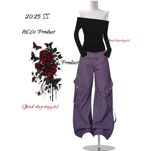 牛仔裤 复古水洗口袋设计感工装 女秋冬季 新款 大码 街头阔腿长裤 美式