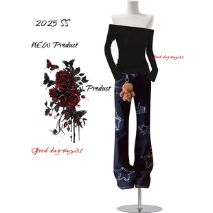 女秋季 复古水洗星星贴布微喇牛仔裤 新款 街头修身 大码 喇叭长裤 美式