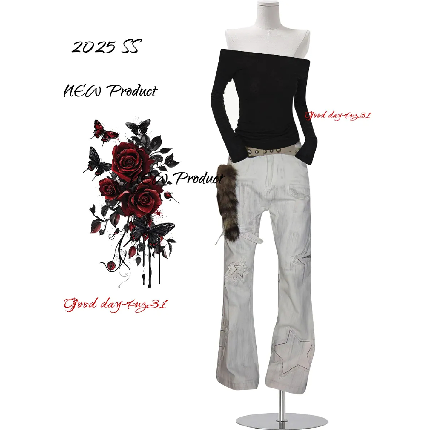 大码美式复古星星贴布微喇牛仔裤