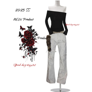 美式 街头设计感喇叭长裤 复古星星贴布微喇牛仔裤 新款 女秋冬季 大码