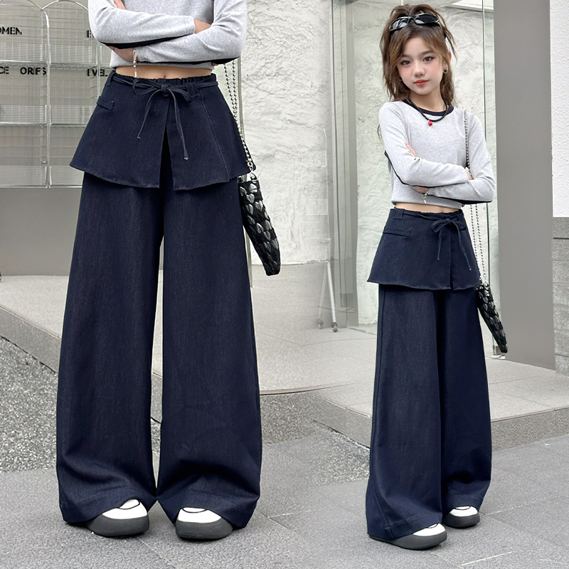 女童春秋新款流行牛仔阔腿裤潮酷