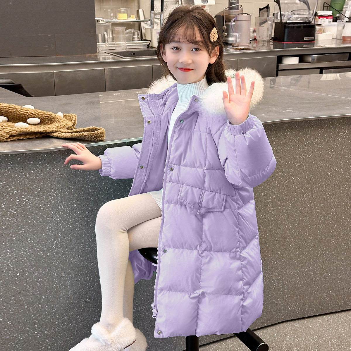 2025秋冬季女童中长款大毛领连帽棉服加厚保暖羽绒棉衣公主风外套