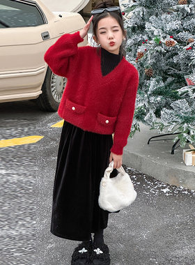 女童本命年假两件毛衣加绒裙子