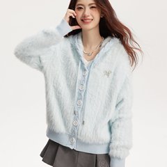 umoumo乌蘑原ntot清新少女浅蓝双色仿貂针织连帽开衫宽松外套女