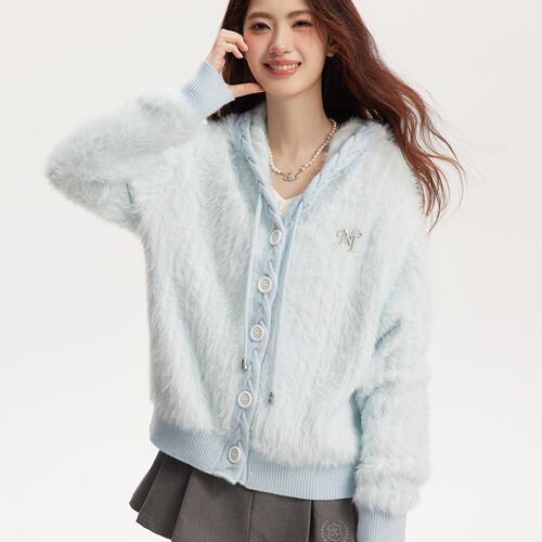 umoumo乌蘑原ntot清新少女浅蓝双色仿貂针织连帽开衫宽松外套女