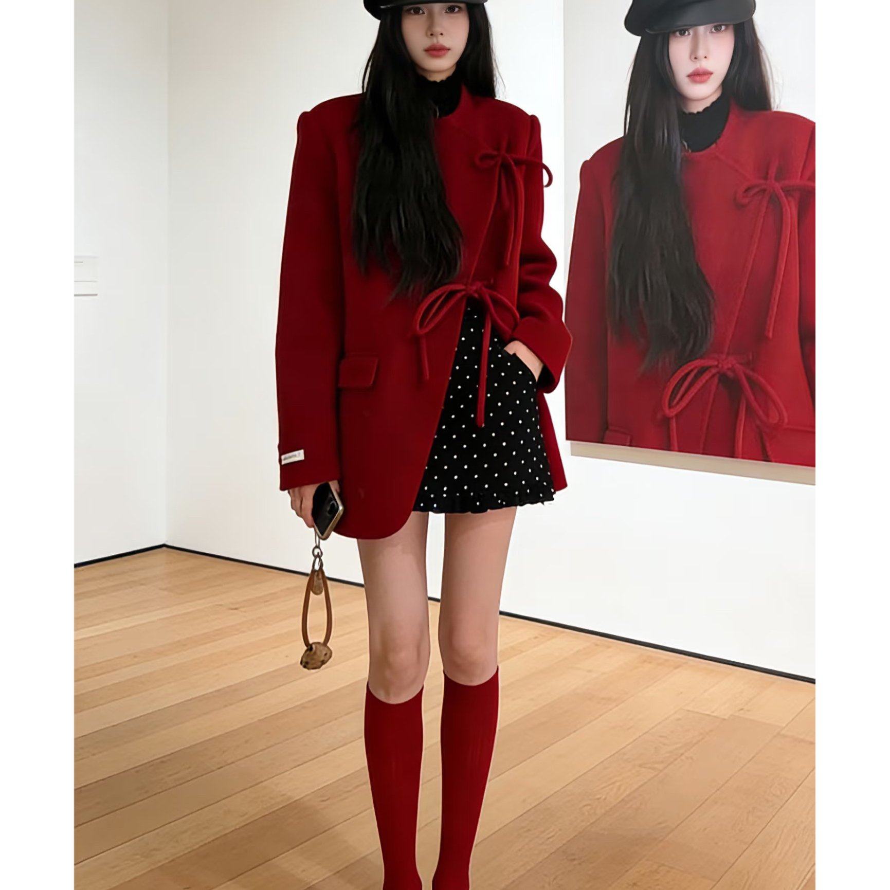 圣诞过年韩系时尚气质高级感红色毛呢西装外套波点毛呢半裙套装