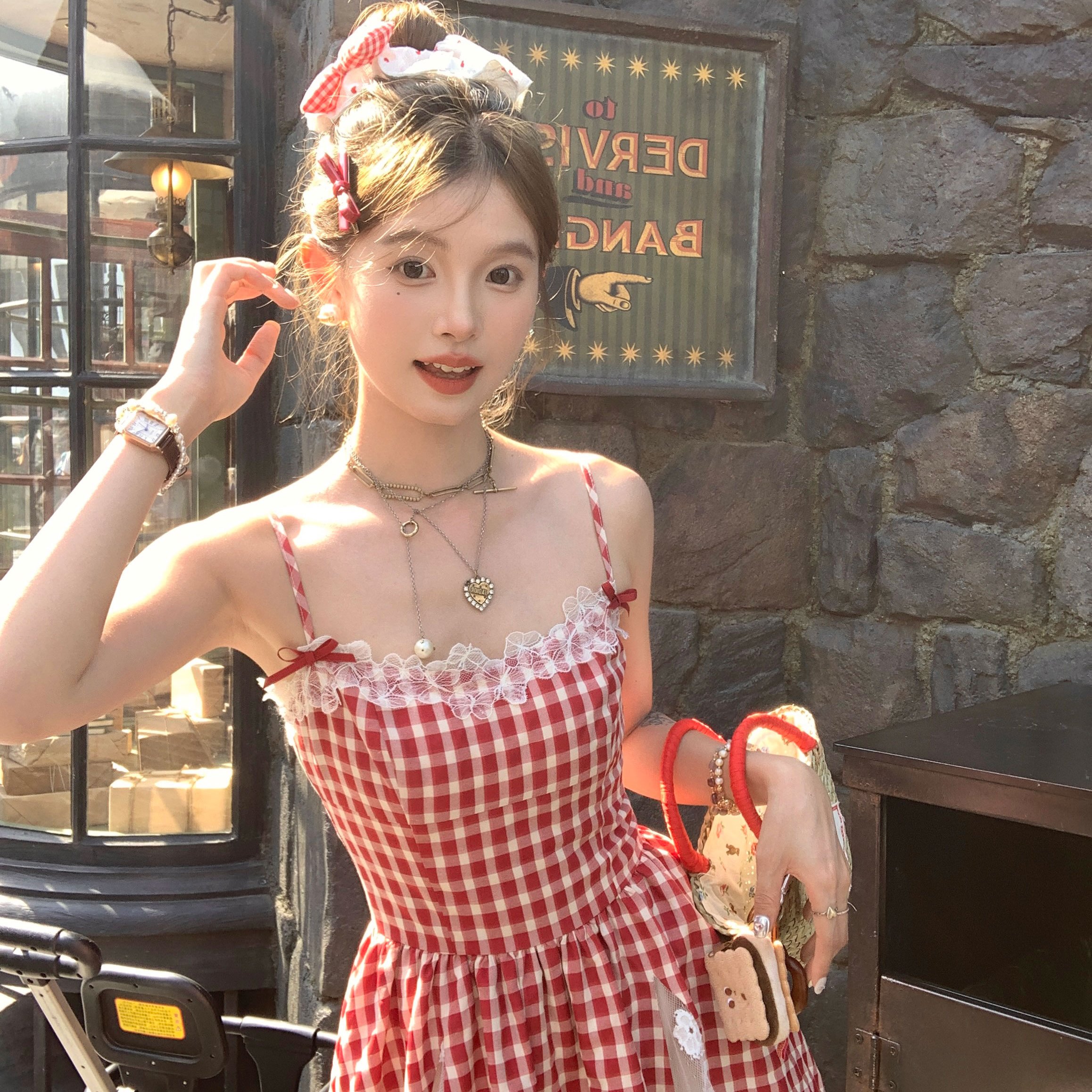 Acaine中长款红色格子吊带a字连衣裙女夏季法式甜美小个子裙子
