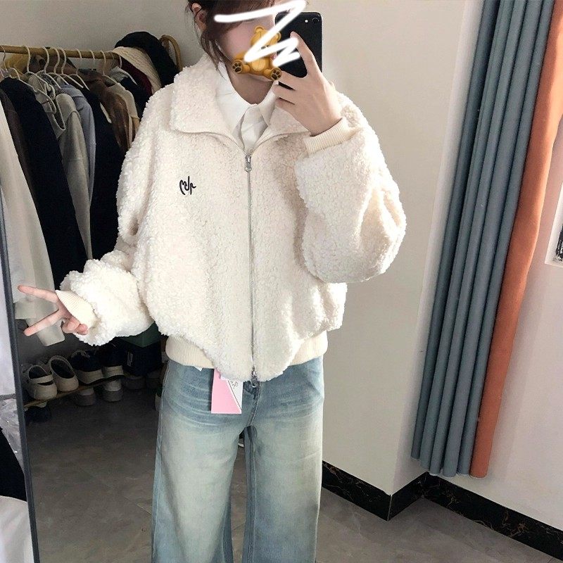 有内衬韩系羊羔毛长袖外套女冬季2025新款高级感宽松百搭潮