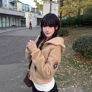 毛绒布复合摇粒绒总560克 外套女秋冬拉链上衣 韩系短款