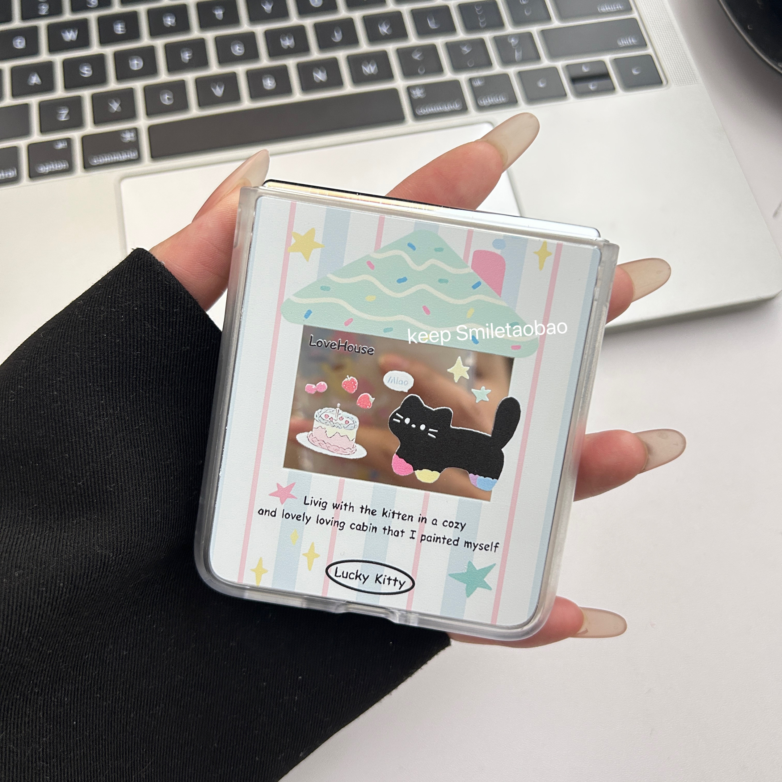 ins风卡通房屋黑猫镜面壳适用适用华为PuraX手机壳小米mixflip折叠屏pokcet2手机壳三星zflip6/5硬壳oppo新款