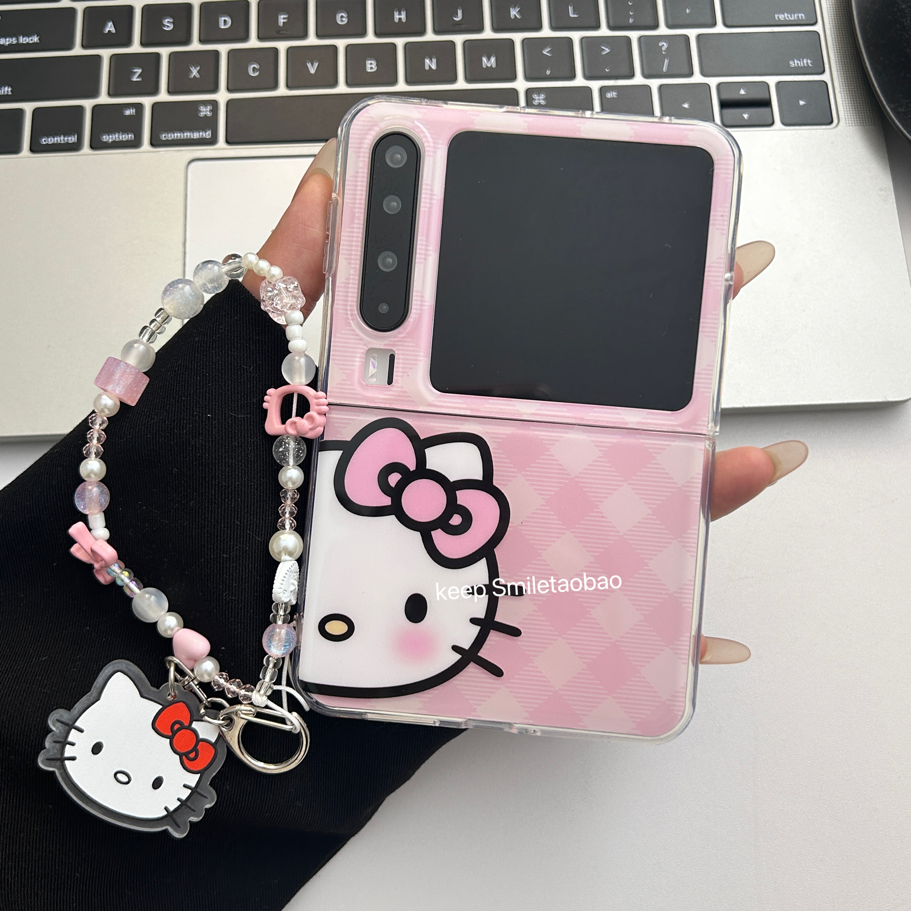 可爱粉色格纹蝴蝶结猫咪适用适用华为PuraX手机壳小米mixflip折叠屏双层pokcet2手机壳三星zflip6/5/4硬壳新