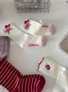 3双装秋季新款儿童红色蝴蝶结中筒袜女童纯棉无骨袜子宝宝袜子潮