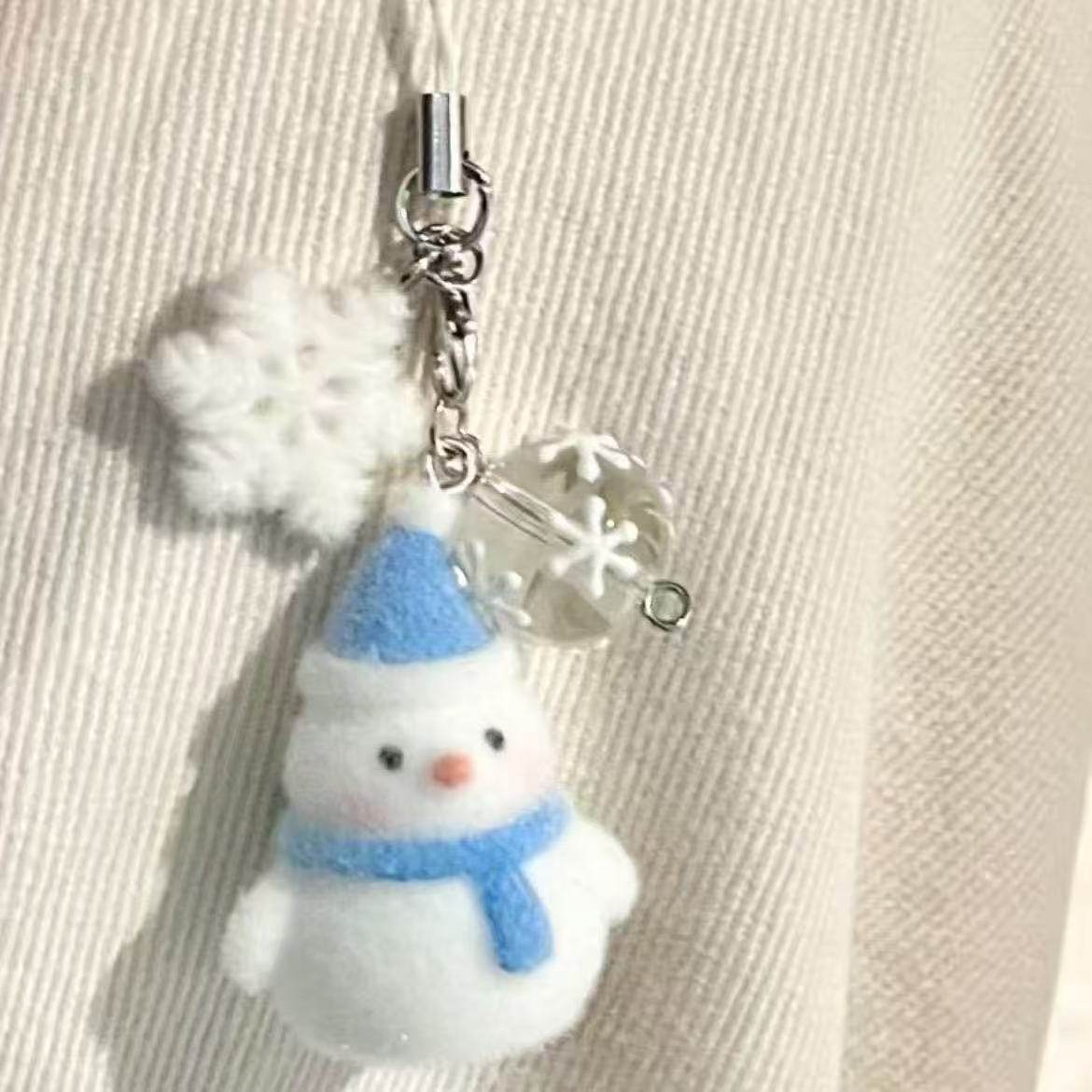 【圣诞植绒小雪人可爱圣诞雪人手机链挂件咕本链毛球雪花钥匙扣